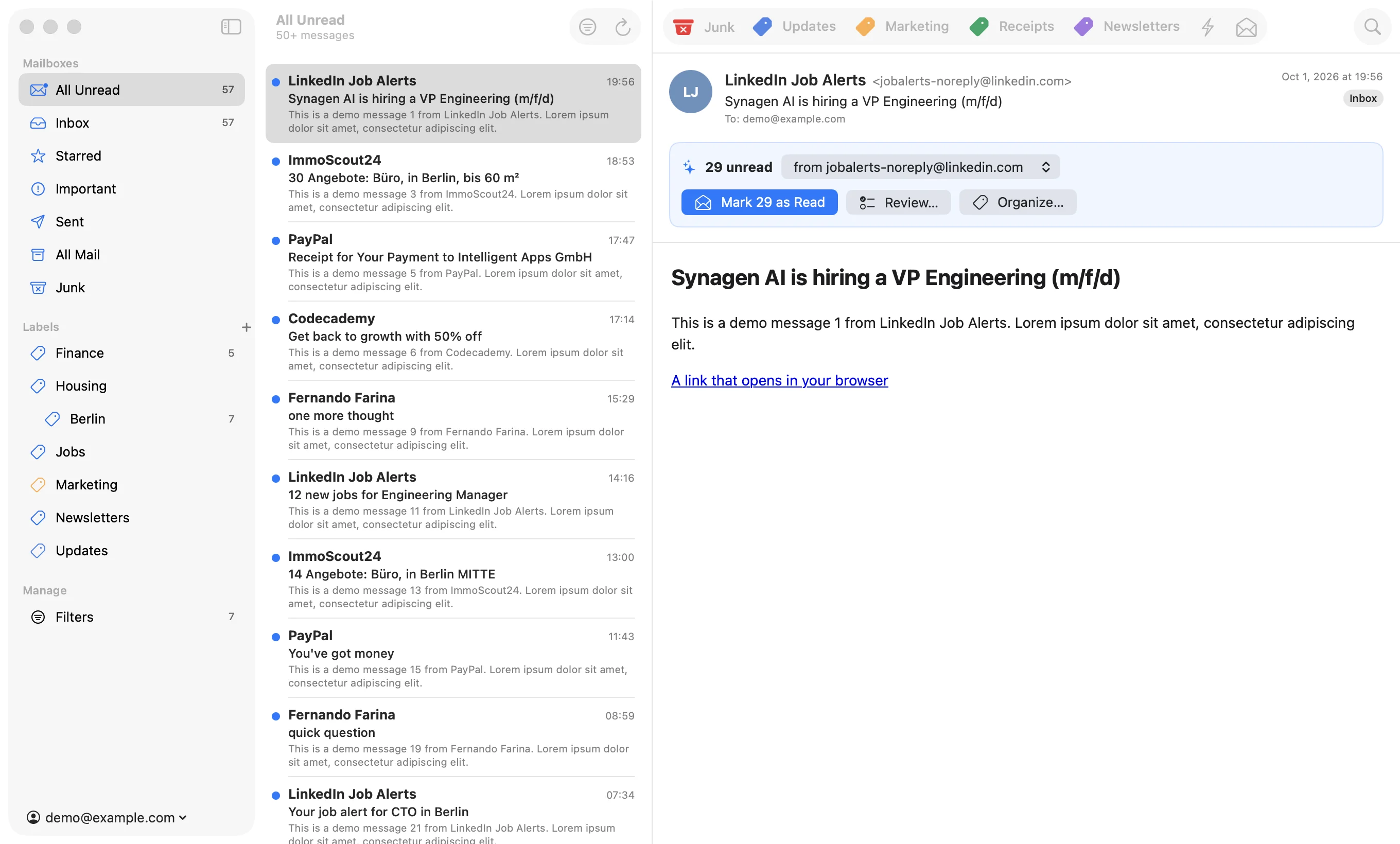 Unpile showing an email from LinkedIn Job Alerts with a card that says 29 unread and a Mark 29 as Read button