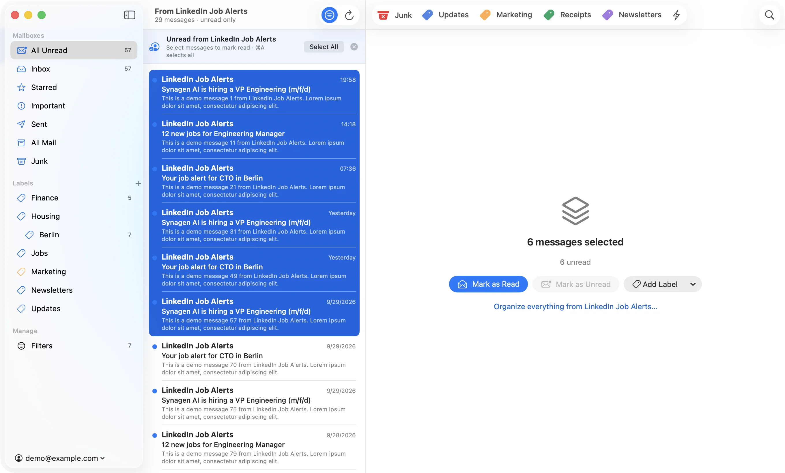 Review mode listing only unread mail from LinkedIn Job Alerts with six messages selected