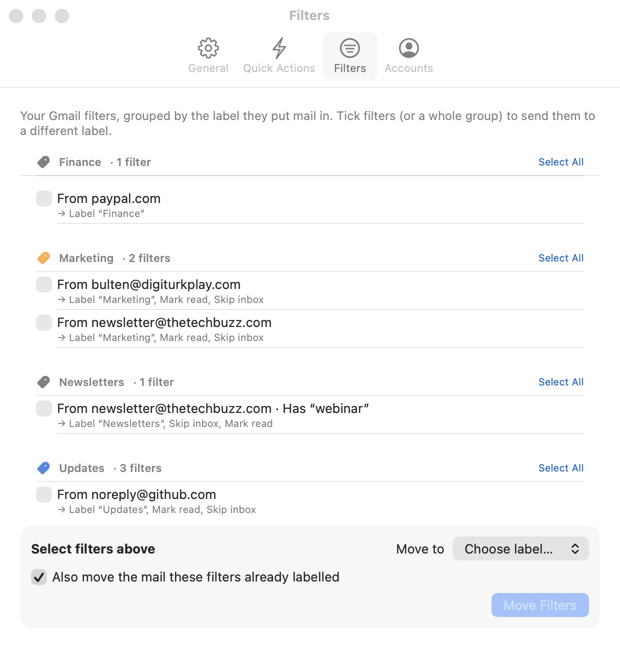 Filters grouped by label with checkboxes and a Move to label control