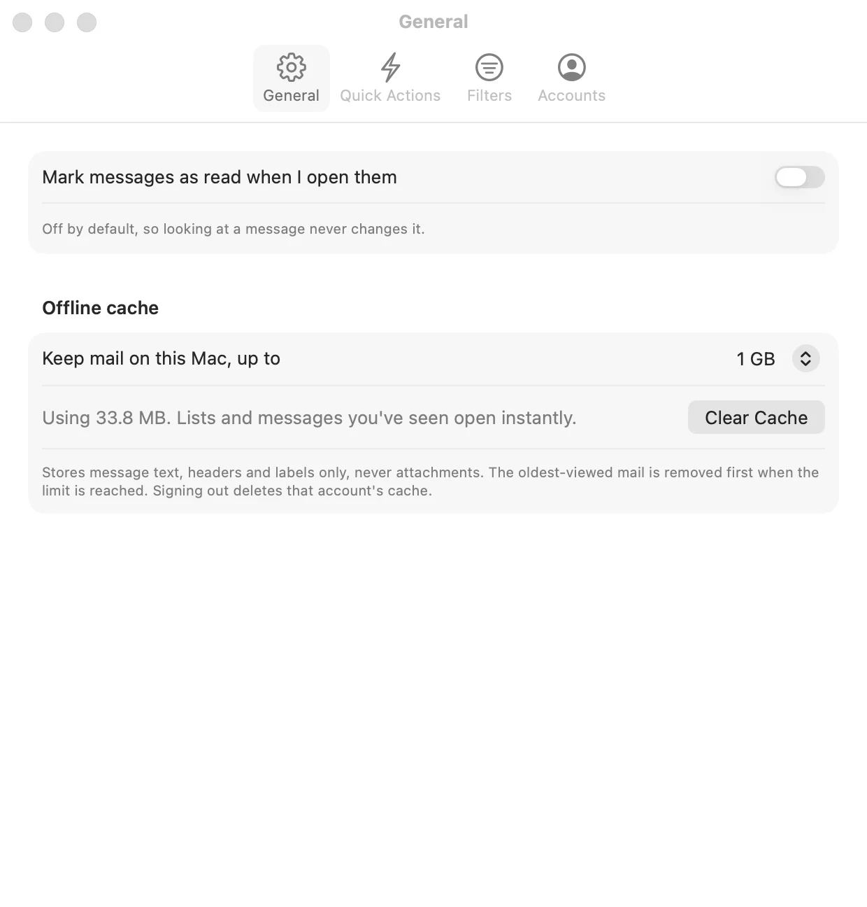 General settings: an offline cache of up to 1 GB, storing message text only, never attachments