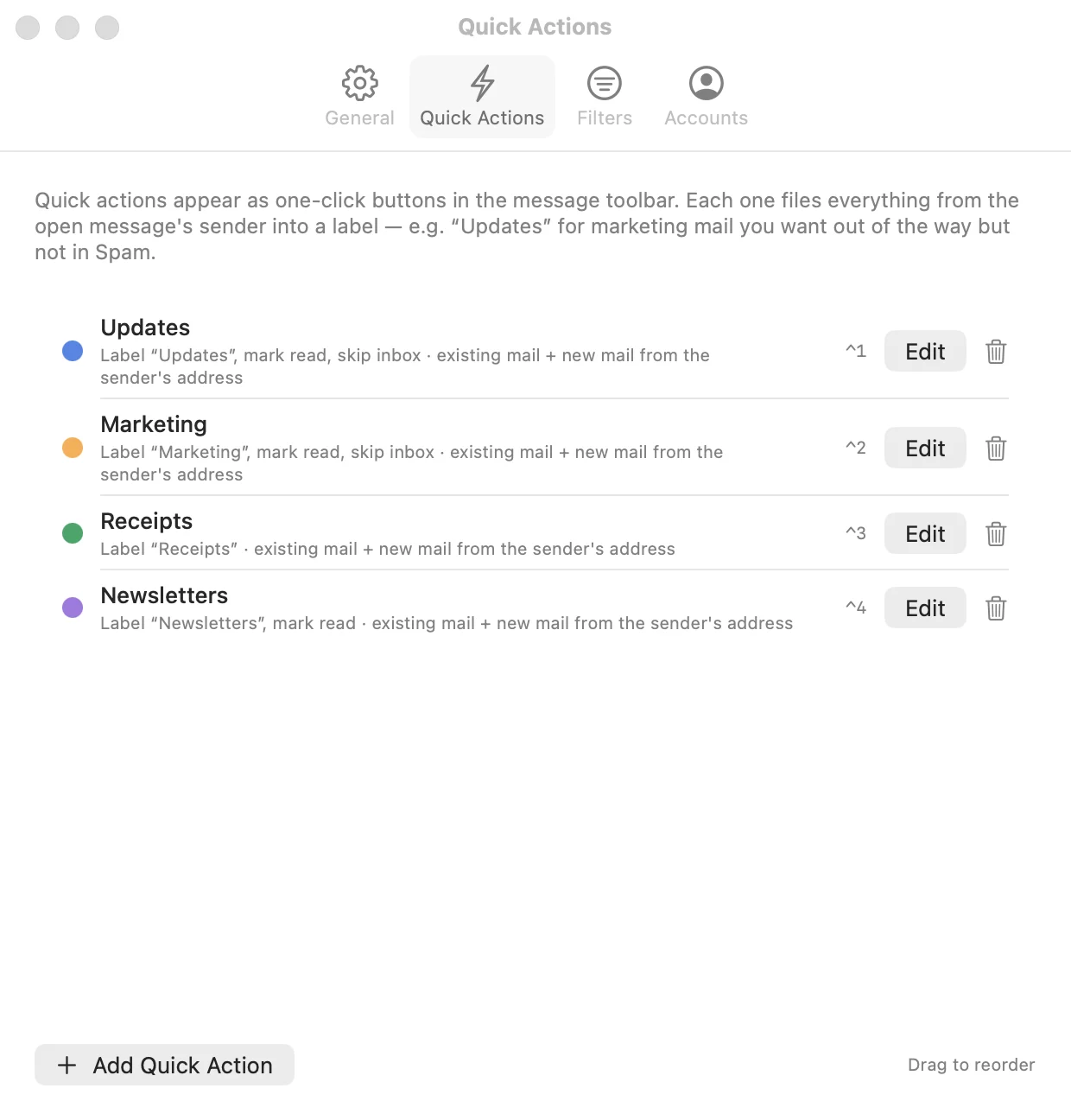 Quick Actions settings with Updates, Marketing, Receipts and Newsletters, each with a color and a keyboard shortcut